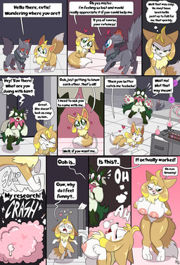 animal_genitalia animal_penis anthro anthrofied anus backsack balls big_breasts biped black_body black_markings breasts brown_body canine_genitalia canine_penis countershade_face countershading dialogue digitigrade dipstick_tail duo erection eye_contact female feral genitals greeting grin head_tuft heart_symbol huge_breasts larger_anthro larger_male leg_markings looking_at_another male male/female markings neck_tuft open_mouth palmorph pawpads penis pleading_eyes pokemorph quadruped red_markings sheath sitting size_difference smaller_female smaller_feral smaller_male smile socks_(marking) speech_bubble spiral spiral_eyes tail tail_markings text thought_bubble tongue tongue_out transformation tuft vulva white_body white_countershading white_markings fuf nintendo palworld pocketpair pokemon generation_5_pokemon generation_9_pokemon meowscarada pal_(species) pokemon_(species) vixy_(pal) zorua 2025 absurd_res comic crossover english_text hi_res multiple_scenes