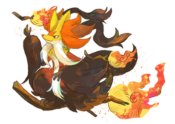 ambiguous_gender anthro black_body black_fur candid fire fur inner_ear_fluff multicolored_body multicolored_fur red_body red_eyes red_fur simple_background solo tuft two_tone_body two_tone_fur white_body white_fur yellow_body yellow_fur volpecorvo nintendo pokemon generation_9_pokemon mammal mega_delphox mega_evolution pokemon_(species) 2025 hi_res