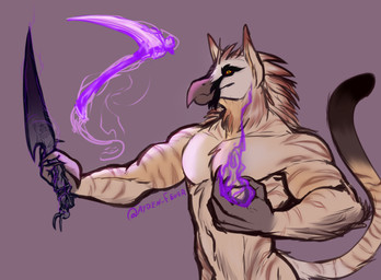 anthro dagger magic magic_user male markings melee_weapon muscular muscular_anthro muscular_male smile smirk solo stripes weapon smol_aberration mythology accipitrid accipitriform avian bearded_vulture bird felid gryphon hybrid mammal mythological_avian mythological_creature old_world_vulture pantherine tiger vulture absurd_res hi_res