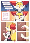 absurd_res ambiguous_gender anthro black_body black_fur blush bodily_fluids braixen clothed clothing comic dialogue ellie_the_braixen english_text fur generation_6_pokemon heart_after_signature heart_before_signature heart_in_signature heart_symbol hi_res inner_ear_fluff inner_monologue inside looking_at_viewer maid_uniform male_(lore) motion_lines motion_outline mouth_closed multicolored_body multicolored_fur name_drop name_in_inner_monologue nikkibunn nintendo number onomatopoeia page_number pawpads pink_pawpads pokemon pokemon_(species) purple_text red_eyes signature solo sound_effects star_pupils sweat sweatdrop text text_box text_with_heart tuft uniform wavy_mouth white_body white_fur white_text yellow_body yellow_fur