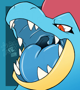 ambiguous_gender blue_body blue_tongue countershade_face countershading eye_markings feral gaping_mouth glistening glistening_mouth glistening_tongue gums markings mouth_shot open_mouth palate_ridges red_eyes sharp_teeth solo teeth throat tongue uvula hydrodaferaligatr nintendo pokemon feraligatr generation_2_pokemon pokemon_(species) hi_res watermark