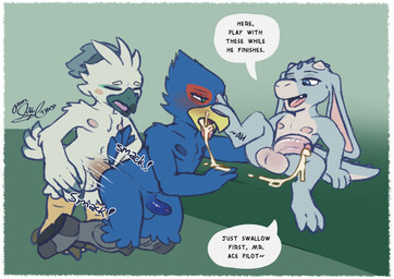 age_difference anal anthro balls beak big_balls big_penis blush bodily_fluids cum cum_on_beak cum_on_face cum_on_leg cum_on_tongue dialogue dominant dominant_young feet fellatio foot_fetish foot_on_face genital_fluids genitals group group_sex long_ears male male/male oral penile penis sex spitroast text threesome tongue trio young poorsal nintendo star_fox the_legend_of_zelda calor_(calor_lacerta) falco_lombardi tulin_(tloz) avian kobold rito scalie english_text hi_res