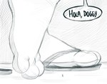 3_toes anthro barefoot biped close-up clothing dialogue duo feet flip_flops foot_fetish foot_focus footwear fur larger_anthro larger_male macro male male/male micro paws plantigrade sandals shoes size_difference smaller_anthro smaller_male soles speech_bubble text toes pozole doggydog_(character) pozole_(character) beagle canid canine canis domestic_dog hunting_dog lagomorph leporid mammal rabbit scent_hound english_text hi_res monochrome sketch