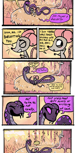 awkward cloud cloud_watching dialogue duo eyes_closed fangs female female/female feral forest fungus fur mushroom oblivious open_mouth outside plant predator/prey profanity pupils purple_body purple_eyes purple_scales scales sharp_teeth size_difference slit_pupils speech_bubble tan_body tan_fur teeth text torn_ear tree whiskers pine_petrichor mammal mouse murid murine reptile rodent scalie snake absurd_res comic english_text hi_res