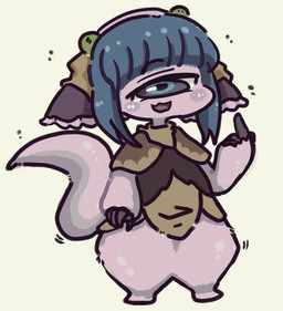 1_eye bangs blue_eyes blue_hair blush bottomless cape clothed clothing female fluffy fur hair headgear headwear looking_at_viewer open_mouth pink_body pink_fur shirt simple_background smile smug solo topwear white_background dagger131134 made_in_abyss pakkoyan cyclops humanoid narehate