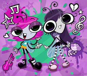 4_arms antennae_(anatomy) anthro black_boots black_bottomwear black_clothing black_footwear black_skirt blue_clothing blue_shirt blue_topwear boots bottomwear clothing collared_shirt dress_shirt duo female footwear freckled_face freckles gloves green_eyes grey_body grey_skin hair handwear holding_object holding_plushie legwear long_hair multi_arm multi_limb orange_bottomwear orange_clothing orange_skirt pattern_clothing pattern_footwear pattern_legwear pattern_socks pink_clothing pink_footwear pink_hair pink_socks plushie purple_eyes purple_hair shirt shoes skirt smile socks striped_clothing striped_footwear striped_socks stripes topwear white_clothing white_footwear white_gloves white_handwear white_shirt white_shoes white_topwear mags-niac disney the_buzz_on_maggie allison_gloomfly background_character maggie_pesky arthropod fly_(animal) insect hi_res