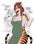 anthro apron apron_only breasts brown_hair chest_tuft clothing container cup dialogue female fur green_apron green_clothing hair holding_container holding_cup holding_object holding_pen mostly_nude nipple_outline one_eye_closed open_mouth orange_body orange_fur pen pregnant pregnant_anthro pregnant_female side_boob solo speech_bubble text tuft wink razorfox draconia_chronicles i_mean_breast_milk tshila felid mammal pantherine tiger 2021 english_text meme