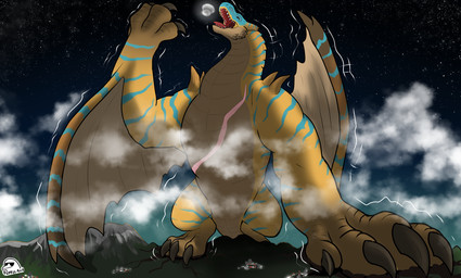 ambiguous_gender body_size_growth chest_scar city cloud feral giga growth_lines landscape_dwarfing macro moon mountain scar size_transformation solo transformation flippin-rad capcom monster_hunter grev_(greviste) flying_wyvern tigrex hi_res