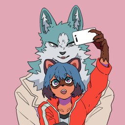 anthro black_hair blue_body blue_eyes blue_fur blue_hair brown_body brown_fur cellphone clothed clothing duo electronics facial_markings female fur gloves_(marking) hair head_markings holding_object jacket male markings mask_(marking) multicolored_body multicolored_fur multicolored_hair open_mouth phone pink_background selfie simple_background topwear white_body white_fur uriel_errr brand_new_animal studio_trigger michiru_kagemori shirou_ogami canid canine canis mammal raccoon_dog tanuki wolf 1:1 2020