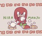 anthro biped black_eyes clothing dumplings eating food footwear fur gloves handwear holding_food holding_object male open_mouth red_body red_fur shoes simple_background sitting solo steam text buke3jp sega sonic_the_hedgehog_(series) knuckles_the_echidna echidna mammal monotreme