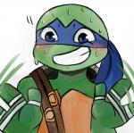 2017 anthro blue_eyes blush bodily_fluids bust_portrait clothing hand_wraps inkyfrog kerchief leonardo_(tmnt) male mask noseless portrait reptile scalie shell simple_background smile solo sweat teenage_mutant_ninja_turtles turtle white_background wraps