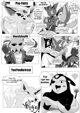 2_horns ambiguous_gender angry antennae_(anatomy) anthro arthropod_abdomen big_breasts black_nose black_text bow_ribbon breasts butt cheek_spots clothed clothing cross-popping_vein dialogue exclamation_point eyebrows eyelashes female fingers forehead_gem fur gem group hair heart_symbol horn looking_at_another motion_lines open_mouth open_smile paws quadruped question_mark smile sound_effects speech_bubble talking_to_another text text_box tongue white_sclera heavenlyproductions nintendo pokemon arthropod blaziken canid canine eeveelution espeon fox generation_2_pokemon generation_3_pokemon generation_5_pokemon generation_9_pokemon leavanny mammal meowscarada miltank pokemon_(species) scizor 2024 absurd_res comic english_text greyscale hi_res monochrome
