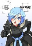 2018 armor blue_eyes blue_hair clothed clothing english_text exclamation_point female gesture hair hand_gesture hand_on_hip human human_only kawa-v knife mammal not_furry open_mouth pointing short_hair simple_background solo text white_background