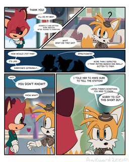 ambiguous_gender anthro clothing costume dialogue dining_room dining_table duo hat headgear headwear male question_mark silhouette speech_bubble text awkward2eleven sega sonic_the_hedgehog_(series) the_murder_of_sonic_the_hedgehog barry_(sonic) miles_prower canid canine fox macropod mammal marsupial quokka absurd_res comic english_text hi_res