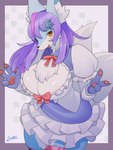 3:4 absurd_res alternative_fashion anthro artist_name arumo big_breasts blue_body blue_fur border bow_ribbon breasts canid canine chest_tuft claws cleavage cleavage_cutout clothed clothing cutout dress ero_lolita female fox fox_tail fur fusetsuko_konko hair hi_res inner_ear_fluff j-fashion kemono legwear lolita_(fashion) long_hair long_sleeves looking_at_viewer mammal multi_tail multicolored_body multicolored_fur multicolored_hair open_mouth pawpads pink_bow pink_hair puffy_sleeves pupils purple_border purple_hair signature snowflake_hair_accessory solo symbol-shaped_pupils tail thigh_highs tuft two_tone_body two_tone_fur two_tone_hair unusual_pupils vtuber white_body white_fur yellow_eyes