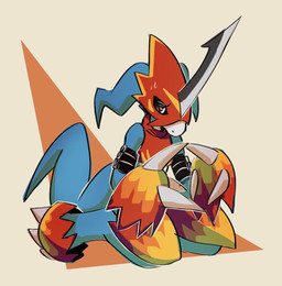 ambiguous_gender anthro armor belt blue_body claws clothing crop_top footwear headgear helmet horn index_to_index nervous on_ground shirt solo tail timid topwear b00b00keys bandai_namco digimon digimon_(species) flamedramon hi_res