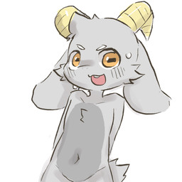 anthro belly black_belly blush bodily_fluids clothing curved_horn featureless_chest featureless_crotch fur grey_body grey_fur hair horn long_ears looking_at_viewer male navel nude open_mouth simple_background solo sweat tail topwear white_background yellow_eyes resint5 bolgogi bovid caprine goat mammal 1:1 absurd_res digital_media_(artwork) hi_res
