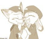 anthro bodily_fluids buckteeth clothed clothing dipstick_ears duo ear_markings eyes_closed female fur male multicolored_ears open_mouth open_smile simple_background smile tears teeth white_background young young_anthro izumi_h27 disney zootopia judy_hopps nick_wilde canid canine fox lagomorph leporid mammal rabbit red_fox true_fox 2020