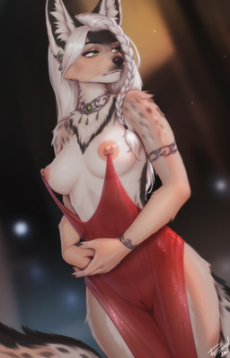 anthro areola biped breasts cheek_tuft chest_tuft claws clothed clothed_anthro clothed_female clothing countershade_torso countershading dress dutch_angle erect_nipples facial_tuft female female_anthro finger_claws fingers front_view fur genitals glistening glistening_breasts hair humanoid_genitalia humanoid_vulva inner_ear_fluff innie_vulva linked_nipples linked_piercing medium_breasts neck_tuft nipples no_underwear red_clothing red_dress solo standing tail translucent translucent_clothing tuft vulva personalami meme_clothing nipple_piercing_dress valtzi canid canine mammal 2026 colored digital_drawing_(artwork) digital_media_(artwork) hi_res meme portrait three-quarter_portrait