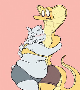 >w< anthro arms_around_partner belly belly_overhang belly_to_belly big_butt blush bodily_fluids butt clothed clothing duo eyes_closed hug male male/male navel overweight overweight_anthro overweight_male pink_background simple_background size_difference sweat sweatdrop tail tail_motion tailwag underwear underwear_only white_sclera loremsipsum signal_(loremsipsum) cobra domestic_cat felid feline felis legged_snake mammal reptile scalie snake 2025 animated digital_media_(artwork) loop