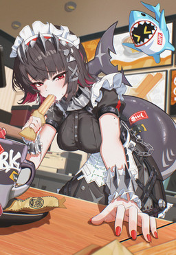 accessory belt bent_over big_breasts black_hair blush bodily_fluids bracelet breasts chain_accessory choker churros clothing colored_nails container cup female food food_fetish food_on_mouth food_play furniture gesture hair hair_accessory jewelry maid_apron maid_headdress maid_uniform markings mole_under_eye multicolored_hair nails necklace raised_tail red_eyes red_hair red_nails saliva saliva_string scar shark_tail spiked_bracelet spiked_headwear spikes suggestive suggestive_gesture sweat table tail tail_markings tail_scar tongue tongue_out two_tone_hair uniform moya02ku mihoyo zenless_zone_zero ellen_joe animal_humanoid aquatic aquatic_humanoid bangboo fish fish_humanoid humanoid shark_humanoid thiren absurd_res hi_res