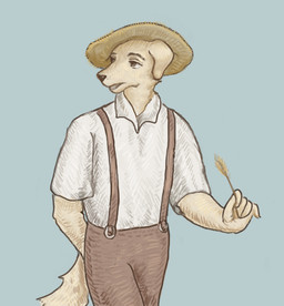 anthro bottomwear brown_eyes clothing ears_down eyebrows farmer fur looking_aside male open_mouth pants pivoted_ears shirt solo tail topwear yellow_body yellow_fur reynard_goodfellow canid canine canis domestic_dog mammal