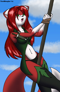 anthro bdsm bondage bound clothing cloud dagger female green_eyes hair legwear melee_weapon outside panties red_hair sky solo stockings submissive submissive_female tail underwear weapon terdburgler linda_wright canid canine domestic_cat felid feline felis fox hybrid mammal
