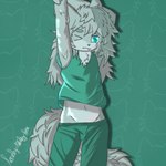 anthro blue_eyes clothed clothing fur fuzzy green_clothing grey_body hair hand_above_head long_hair looking_at_viewer male simple_background solo teeth lonelywolfyboi lonelywolfyboi_(character) canid canine canis mammal wolf 1:1 digital_media_(artwork) hi_res shaded