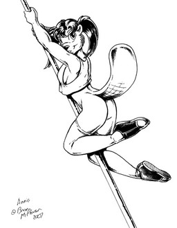 anthro beaver_tail bottomless bottomless_anthro bottomless_female breasts buckteeth butt clothed clothing dancing female footwear fur hair legwear looking_at_viewer pigtails pole pole_dancing raised_arm raised_tail shirt shoes simple_background smile solo stockings stripper stripper_pole tail tank_top teeth thigh_highs topwear brian_mcpherson annie_(brian_mcpherson) beaver mammal rodent 2007 monochrome