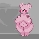 :3 anthro bald_female beady_eyes bed bed_sheet bedding belly big_breasts blush breasts female fur furniture hand_on_breast huge_breasts navel nipple_outline nipples overweight pink_body pink_fur plushie seam_(sewing) simple_background smile solo standing stitch_(sewing) teddy_bear thick_thighs dubiousdunk animate_inanimate bear living_plushie mammal patchwork_creature 1:1 hi_res