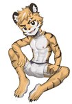 abs anthro bulge clothed clothing felid hi_res male mammal muscular muscular_young pantherine pecs rpentagram simple_background smile solo tiger topless white_background young