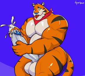 anthro balls biceps big_balls big_penis blue_nose bodily_fluids butt cum cumshot cumsplosion ejaculation erection fur genital_fluids genitals hair huge_balls huge_penis humanoid_genitalia humanoid_penis kerchief male mascot musclegut muscular muscular_anthro muscular_male nipples nude open_mouth orange_body pecs penis simple_background smile solo stripes tail tongue tongue_out lynxspark frosted_flakes kellogg's tony_the_tiger felid mammal pantherine tiger absurd_res digital_media_(artwork) hi_res