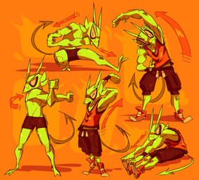 anthro armband athletic athletic_anthro athletic_male black_bottomwear black_clothing black_shorts bottomwear boxer_briefs clothed clothing directional_arrow exercise green_body green_skin horn male orange_background red_clothing shirt shorts simple_background sleeveless_shirt solo spade_tail stretching tail topless topwear underwear workout ionicisaac manto_rider arthropod demon humanoid insect mantis 2019 absurd_res digital_drawing_(artwork) digital_media_(artwork) hi_res shaded