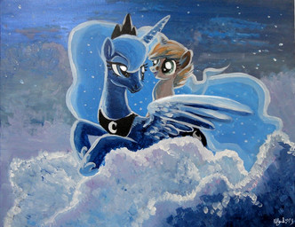 blue_body blue_eyes blue_feathers blue_fur blue_hair cloud crown cutie_mark detailed_background duo feathered_wings feathers female feral fur hair headgear horn jewelry necklace riding sky skyscape smile star wings adlynh friendship_is_magic hasbro my_little_pony mythology princess_luna_(mlp) equid equine mammal mythological_creature mythological_equine unicorn winged_unicorn 2014 character_request painting_(artwork) traditional_media_(artwork)