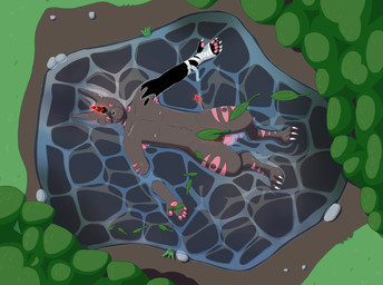 anthro armpit_tuft bandage bird's-eye_view black_nose brown_body brown_fur convenient_censorship fur glowing glowing_horn gradient_horn gradient_tail high-angle_view horn inner_ear_fluff leaf male markings nipples outside partially_submerged pawpads pink_markings pink_nipples pink_pawpads pink_tail plant pond red_tail resting solo spade_tail tail tree tuft water awsmgmer invor_(awsmgmer) canid canine demon fennec_fox fox mammal true_fox absurd_res digital_drawing_(artwork) digital_media_(artwork) hi_res signature
