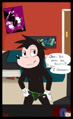 anthro black_border black_briefs black_clothing black_underwear border briefs bulge camera_view clothing colored_seam_underwear genitals green_seam_underwear livestream male penis solo underwear undressing young young_anthro oooeygoooey disney goof_troop max_goof canid canine canis domestic_dog mammal hi_res