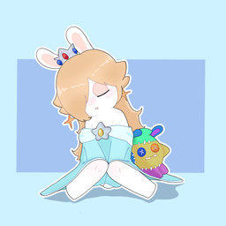 anthro bent_legs blonde_hair blue_background blue_clothing blue_dress blush clothed clothed_anthro clothed_female clothing crown dress ear_piercing eyes_closed featureless_legs female female_anthro fur gem hair hair_over_eye headgear light long_ears long_hair mitten_hands noseless open_mouth outline piercing plushie rectangle ruby_(gem) sapphire_(gem) seam_(sewing) shoulder_blush simple_background sitting sleeping solo star_ear_piercing tan_eyelids tan_inner_ear white_body white_fur white_outline peypey_mei1925 mario_bros mario_plus_rabbids_sparks_of_hope nintendo raving_rabbids rayman_(series) ubisoft rabbid_rosalina lagomorph mammal rabbid 1:1 2024 colored crossover digital_drawing_(artwork) digital_media_(artwork) hi_res lighting shaded
