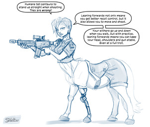 assault_rifle bottomless clothed clothing female gun holding_gun holding_object holding_ranged_weapon holding_rifle holding_weapon looking_at_viewer prosthetic prosthetic_leg prosthetic_limb ranged_weapon rifle saddle shirt solo speech_bubble talking_to_viewer text topwear weapon shieltar european_mythology greek_mythology mythology centaur equid equid_taur humanoid_taur mammal mammal_taur taur 2026 english_text hi_res monochrome sketch