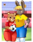 anthro ball blonde_hair blush blush_stickers brown_body brown_fur clothing duo_focus female fur group hair hand_on_shoulder male modern_architecture scut_tail short_tail soccer_ball soccer_uniform sportswear stadium tail tokyo uniform aerth 2020_tokyo_olympics animal_crossing nintendo olympics bonbon_(animal_crossing) maple_(animal_crossing) tom_nook_(animal_crossing) bear canid canine lagomorph leporid mammal rabbit raccoon_dog tanuki ursine 2021 absurd_res hi_res