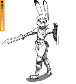 alternate_universe anthro armor bandage ears_up female hair history melee_weapon scar shield simple_background solo sword weapon white_background spoof_(artist) disney zistopia zootopia judy_hopps lagomorph leporid mammal rabbit line_art