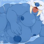 1:1 absurd_res anthro anthrofied areola balls barazoku belly blue_areola blue_body blue_glans blue_nipples bodily_fluids erection generation_3_pokemon genitals glans hi_res humanoid_genitalia humanoid_penis lying male mammal marine musclegut muscular muscular_anthro muscular_male nintendo nipples nude on_side open_mouth outline overweight overweight_anthro overweight_male pecs penis pinniped pokemon pokemon_(species) pokemorph pose simple_background slightly_chubby slightly_chubby_male smaller_version_at_source smile solo sweat tongue tusks ursa-m1nor vein veiny_penis walrein watermark
