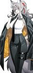 anthro clothing eyewear female glasses gloves handwear legband looking_at_viewer necktie smile smiling_at_viewer solo suit suit_jacket thighband wxyjs1997 hakuro_(onmyoji) canid canine canis mammal wolf hi_res