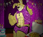 anthro bow_tie buckteeth cake candle clothing container curtains dessert food gift hand_on_curtain male muscular pizza pizza_box purple_bow_tie purple_clothing purple_eyes purple_topwear purple_underwear purple_vest solo teeth topwear underwear vest video_cassette yellow_body sondinker_fazbear's five_nights_at_freddy's five_nights_at_freddy's:_help_wanted fnaf_vr_help_wanted scottgames glitchtrap spring_bonnie_(fnaf) humanoid lagomorph leporid mammal rabbit 2020