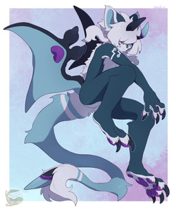 2_horns ambiguous_gender anthro black_claws black_hooves black_horn black_wings blue_body blue_eyes blue_fur claws finger_claws fur hair hooves horn logo male neck_tuft pawpads purple_pawpads solo stinger_tail tail tail_tuft text toe_claws tuft white_hair wings mochiri unknown_species 2026 absurd_res artist_logo artist_name cel_shading hi_res shaded