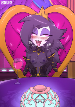 alcohol anthro areola armwear bedroom_eyes beverage black_armwear black_body black_clothing black_dress black_elbow_gloves black_feather_hair black_feathers black_gloves black_handwear breasts chair clothing container crown cup date_pov detailed_background dress drinking_glass elbow_gloves eyeshadow feather_hair feathers female furniture glass glass_container glass_cup gloves handwear headgear heart_eyes heart_symbol inside looking_at_viewer makeup narrowed_eyes nipples non-mammal_breasts open_mouth pink_eyes pseudo_hair purple_eyeshadow seductive slim small_breasts solo steam table tongue tongue_out wine wine_glass h1draw hellaverse helluva_boss octavia_(helluva_boss) avian bird demon owl owl_demon 2025 absurd_res hi_res