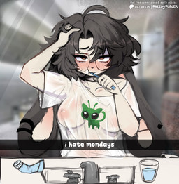 ahoge areola bathroom black_hair bodily_fluids breasts brush brushing brushing_teeth choker clothing container cup eyewear female glasses hair hand_on_head jewelry looking_at_self looking_at_viewer messy necklace nipples nipples_visible_through_clothing sink solo sweat sweatdrop talking_to_self text toothbrush translucent translucent_clothing wearing_glasses breedypupper conditional_dnp patreon jennie_(breedypupper) alien gnarpian humanoid lagomorph leporid mammal rabbit 2025 absurd_res artist_name digital_drawing_(artwork) digital_media_(artwork) english_text hi_res url