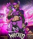 abs anthro clothed clothing female fireworks glowing glowing_eyes megaphone melee_weapon muscular muscular_female red_eyes solo thick_thighs weapon christomwow epic_games fortnite scarr_(fortnite) hyena mammal absurd_res hi_res