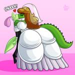 bridezilla clothing dress duo female furgonomics green_body green_tail kiss_on_lips kissing larger_female male size_difference smaller_male smooch_(sound_effect) tail wedding_dress jamearts jimmy_basil-lisk lizard reptile scalie 1:1 digital_media_(artwork) hi_res