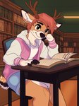 anthro antlers black_nose book bookshelf bottomwear brown_antlers brown_body brown_eyes brown_fur chair clothing college desk detailed_background ear_piercing eyebrows fur furniture green_book hair horn jacket letterman_jacket library male markings piercing pink_clothing pink_topwear reading reading_book red_hair school shirt shorts smile solo study studying table text topwear white_body white_clothing white_fur white_shirt white_topwear nuncionull calba deer mammal new_world_deer white-tailed_deer absurd_res hi_res