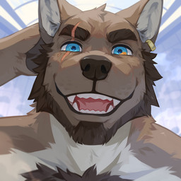 anthro beard blue_eyes brown_beard brown_body brown_facial_hair brown_fur brown_nose cheek_tuft chest_tuft detailed_background ear_piercing ear_ring eye_scar facial_hair facial_scar facial_tuft fangs front_view fur glistening glistening_eyes hand_behind_head head_tuft looking_at_viewer male multicolored_eyes open_mouth open_smile orange_eyes piercing red_tongue ring_piercing scar smile solo teeth tongue tuft two_tone_eyes unsigned white_body white_fur corzh77 nick_grant canid canine canis domestic_dog mammal 1:1 absurd_res bust_portrait detailed hi_res icon portrait